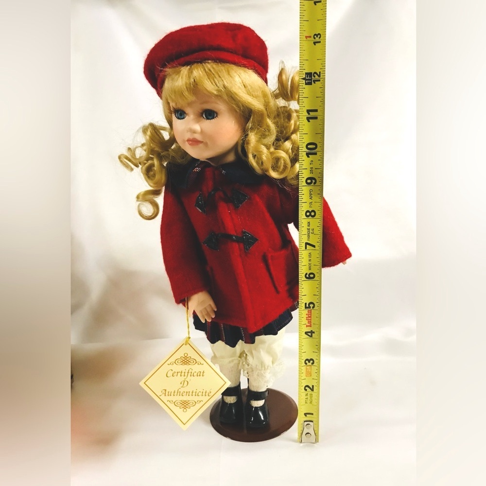 Collector Choice Porcelain Doll Red Coat Blonde Curls With Certificate